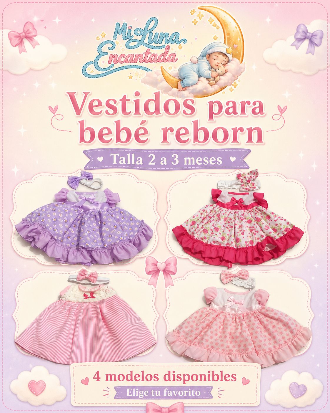 Conjunto de 4 vestidos Premium  100% algodón 02 a 03 meses